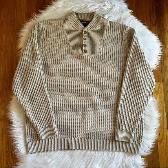 Eddie Bauer 80’s Tan Knit Henley Sweater Size XL - Picture 1 of 7